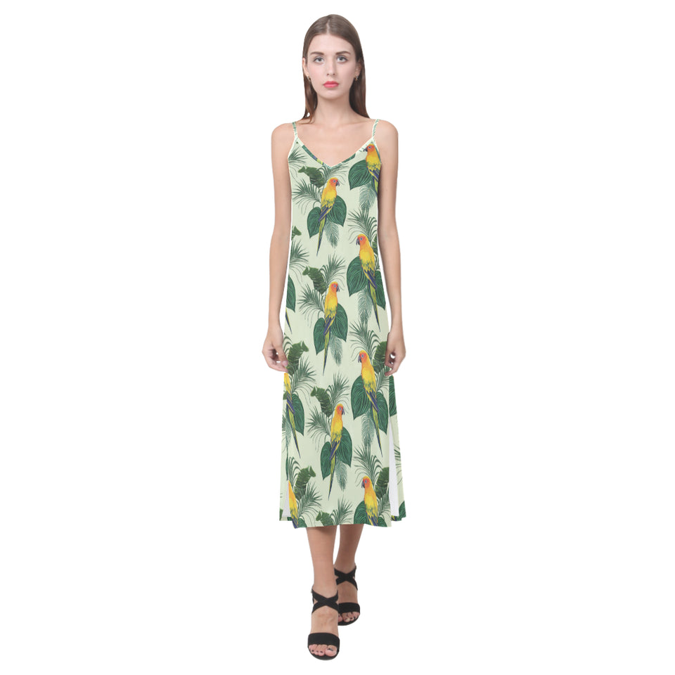 Beautiful parrot palm leaves pattern V-Neck Open Fork Long Dress