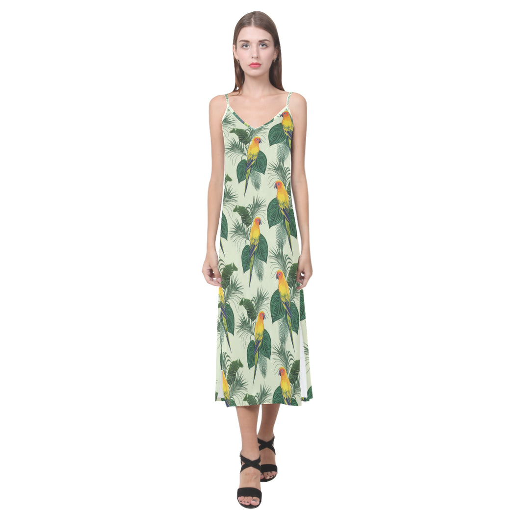 Beautiful parrot palm leaves pattern V-Neck Open Fork Long Dress