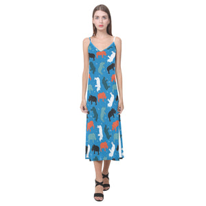 Colorful rhino pattern V-Neck Open Fork Long Dress