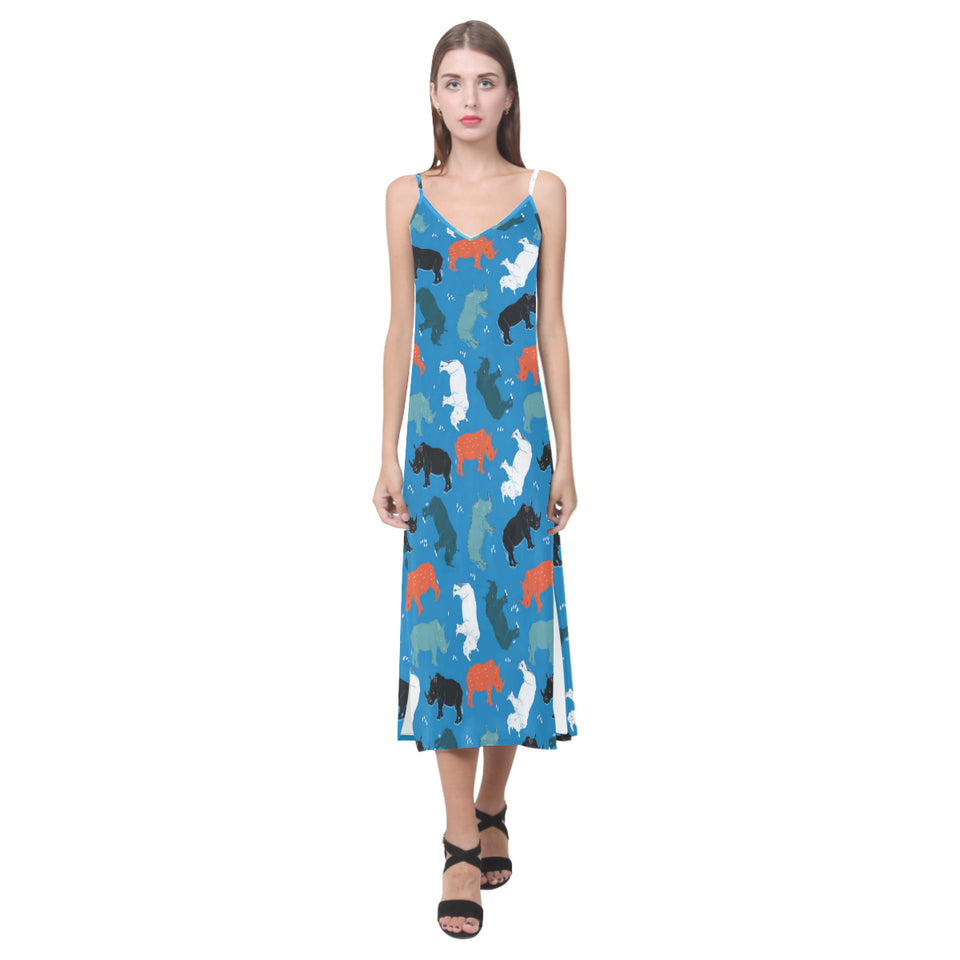 Colorful rhino pattern V-Neck Open Fork Long Dress