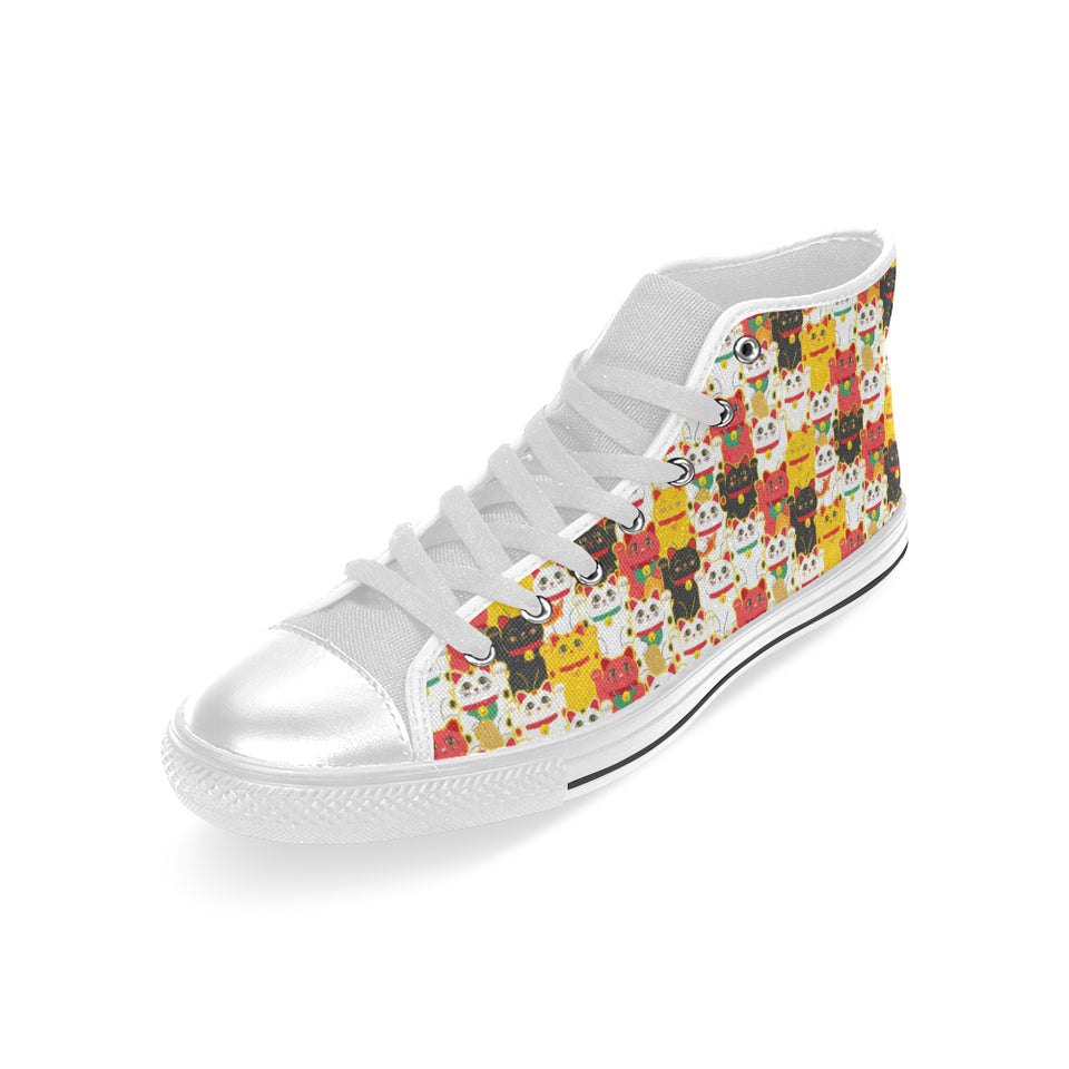 Colorful Maneki neko cat pattern Men's High Top Canvas Shoes White