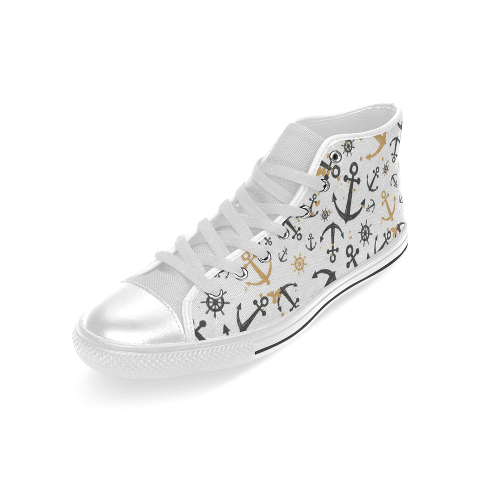 Anchors Rudders pattern Men's High Top Canvas Shoes White