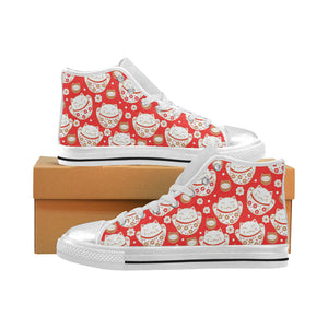 Cute Maneki neko cat red background Women's High Top Canvas Shoes White