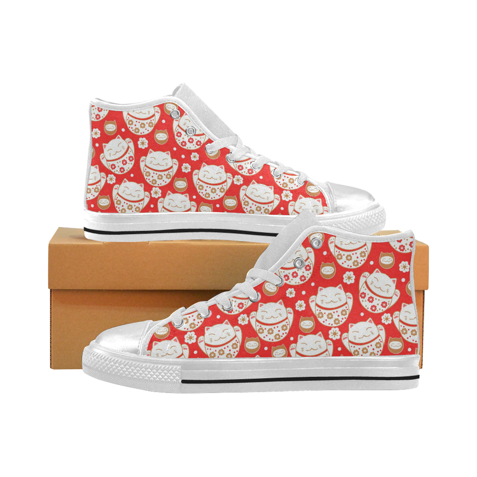 Cute Maneki neko cat red background Women's High Top Canvas Shoes White