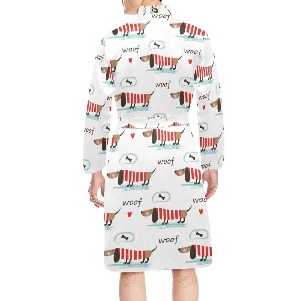 Cute dachshund bone pattern Men's Long Sleeve Belted Night Robe