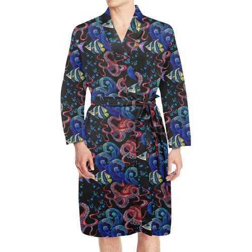 Octopus sea wave tropical fishe pattern Men's Long Sleeve Belted Night Robe
