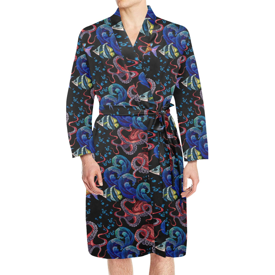 Octopus sea wave tropical fishe pattern Men's Long Sleeve Belted Night Robe
