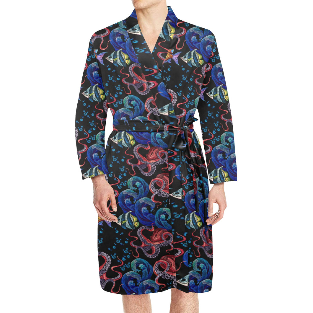 Octopus sea wave tropical fishe pattern Men's Long Sleeve Belted Night Robe