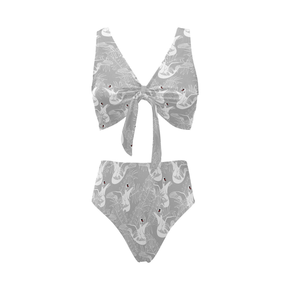white swan gray background Chest Bowknot High Waisted Bikini Swimsuit