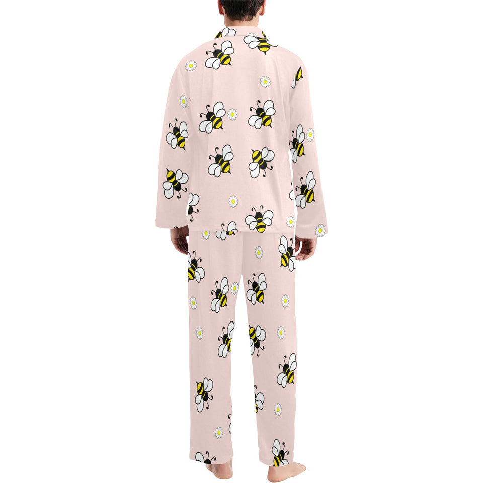 Cute bee flower pattern pink background Men's Long Pajama Set