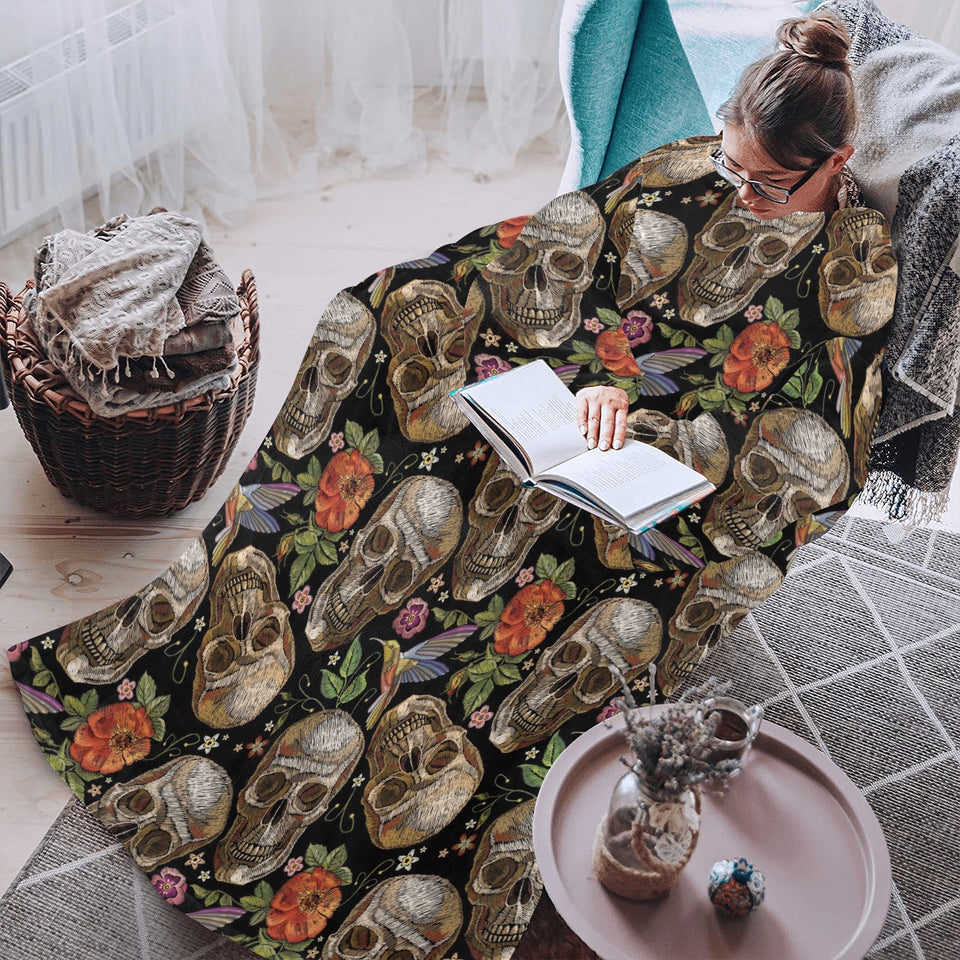 Skull rose humming bird flower pattern Blanket Robe with Sleeves