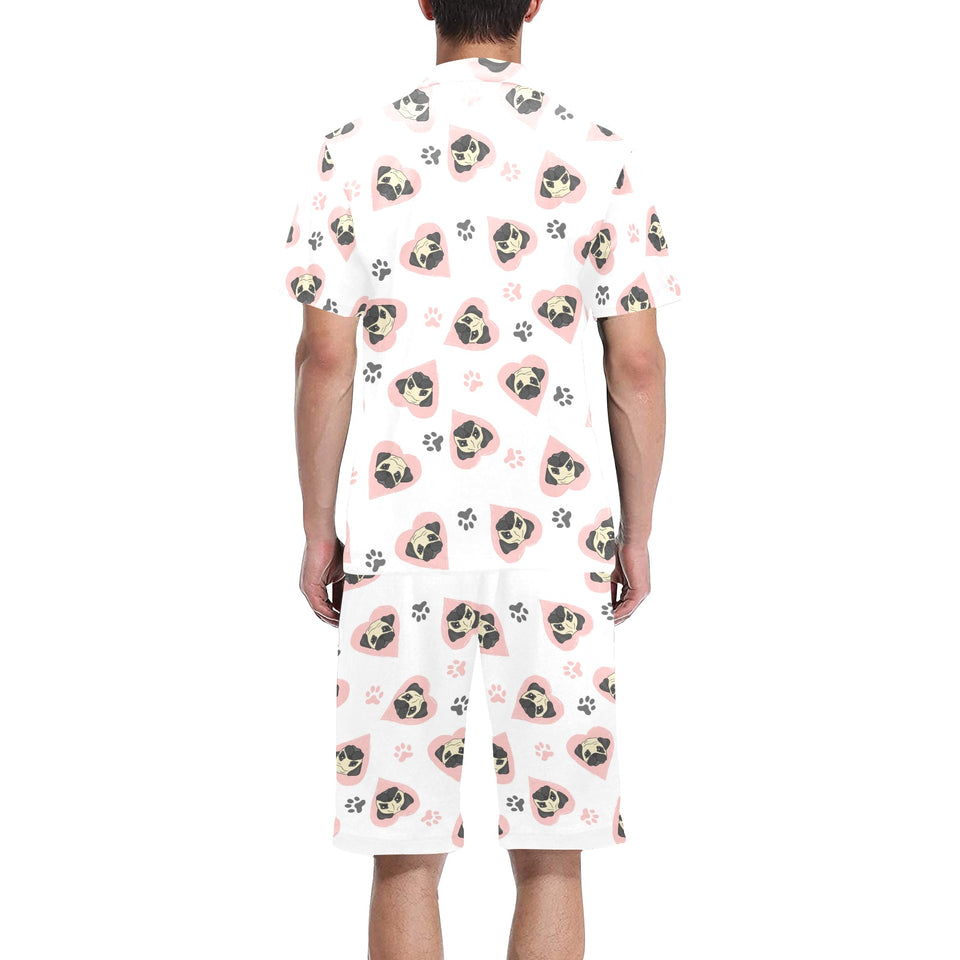 Cute pugs pink heart paw pattern Men's V-Neck Short Pajama Set