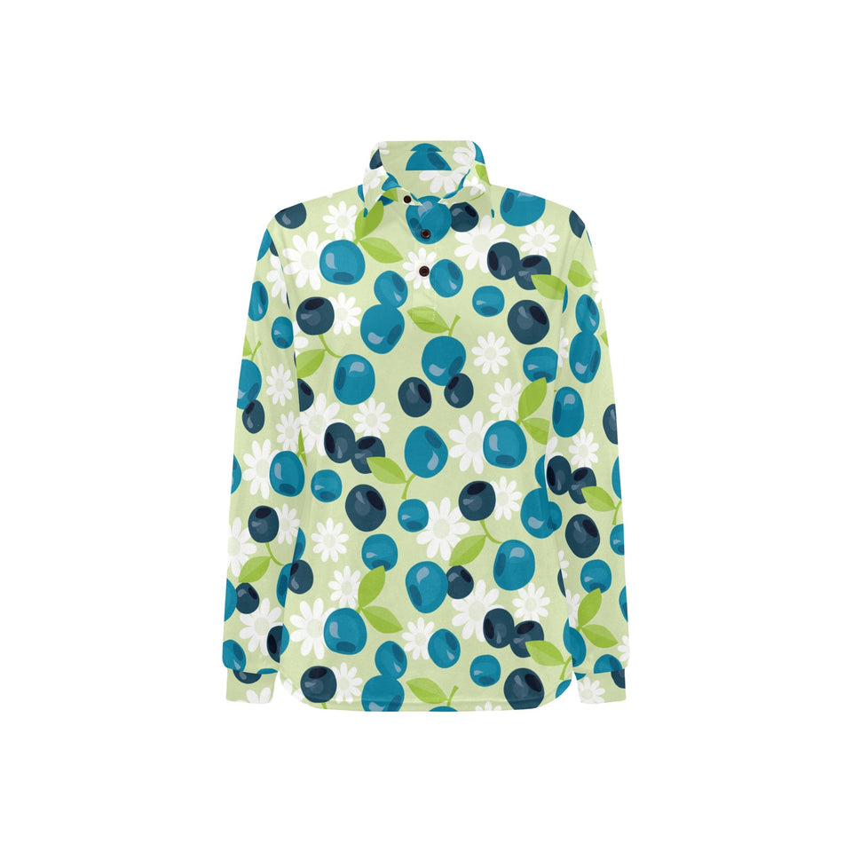 blueberry flower pattern Women's Long Sleeve Polo Shirt