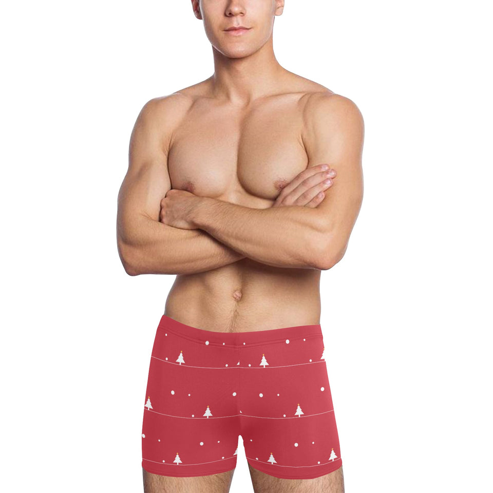 Christmas tree star snow red background Men's Swimming Trunks