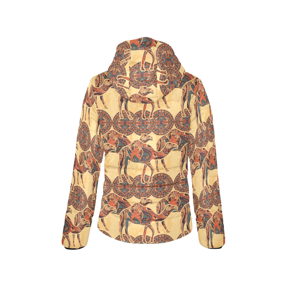 Camel polynesian tribal design pattern Women's Padded Hooded Jacket