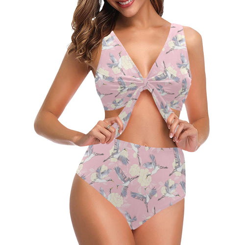 Japanese crane rose pattern Chest Bowknot High Waisted Bikini Swimsuit