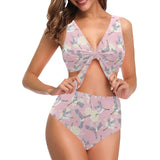 Japanese crane rose pattern Chest Bowknot High Waisted Bikini Swimsuit