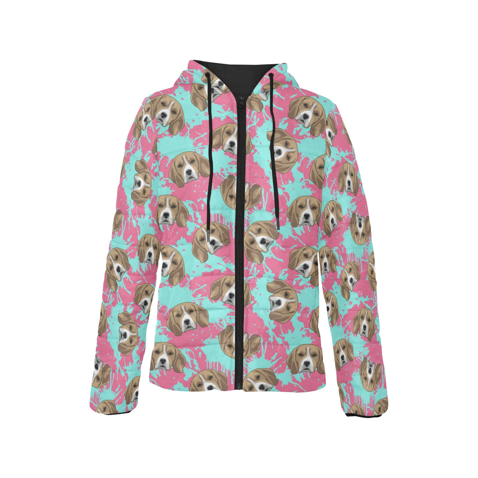 Beagle muzzles turquoise paint splashes pink patte Women's Padded Hooded Jacket