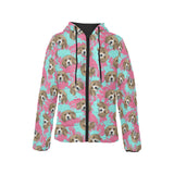 Beagle muzzles turquoise paint splashes pink patte Women's Padded Hooded Jacket