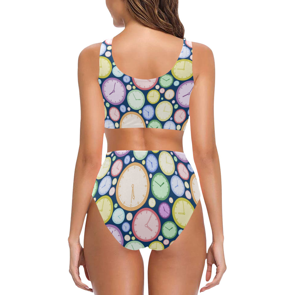 Colorful clock background Chest Bowknot High Waisted Bikini Swimsuit