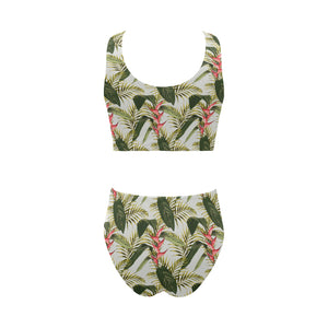 heliconia pattern Chest Bowknot High Waisted Bikini Swimsuit