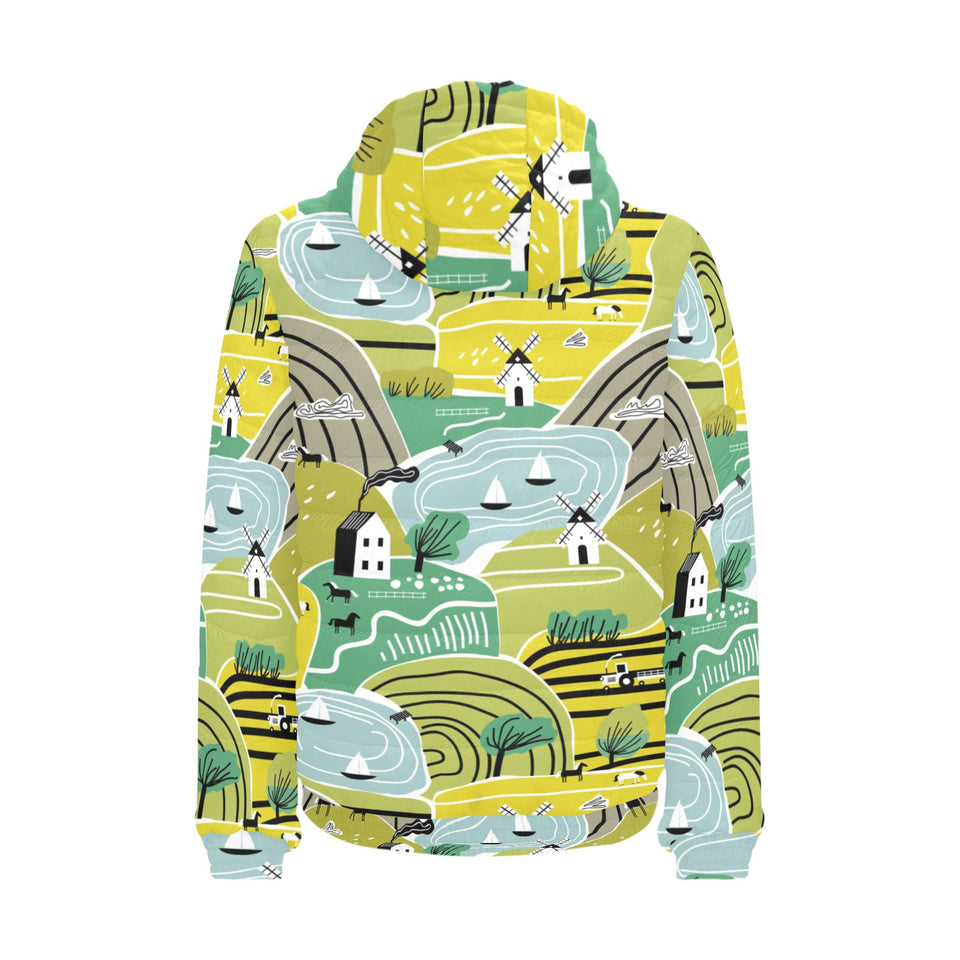 Hand drawn windmill pattern Men's Padded Hooded Jacket