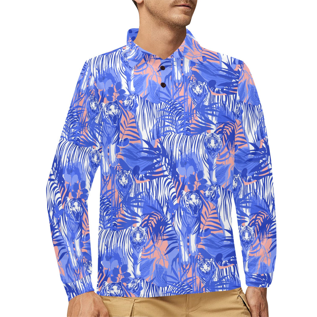 white bengal tigers pattern Men's Long Sleeve Polo Shirt