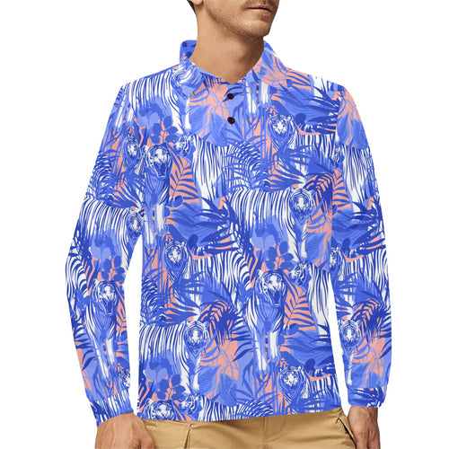 white bengal tigers pattern Men's Long Sleeve Polo Shirt