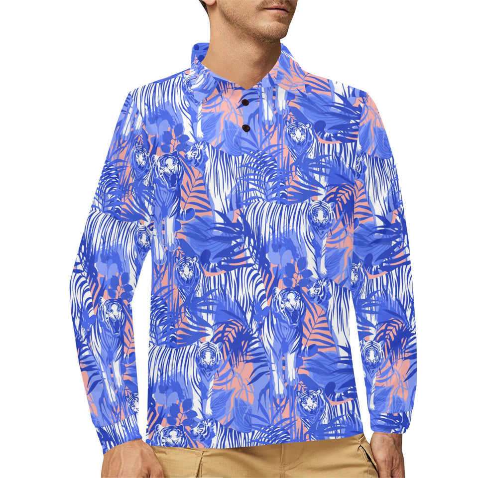 white bengal tigers pattern Men's Long Sleeve Polo Shirt