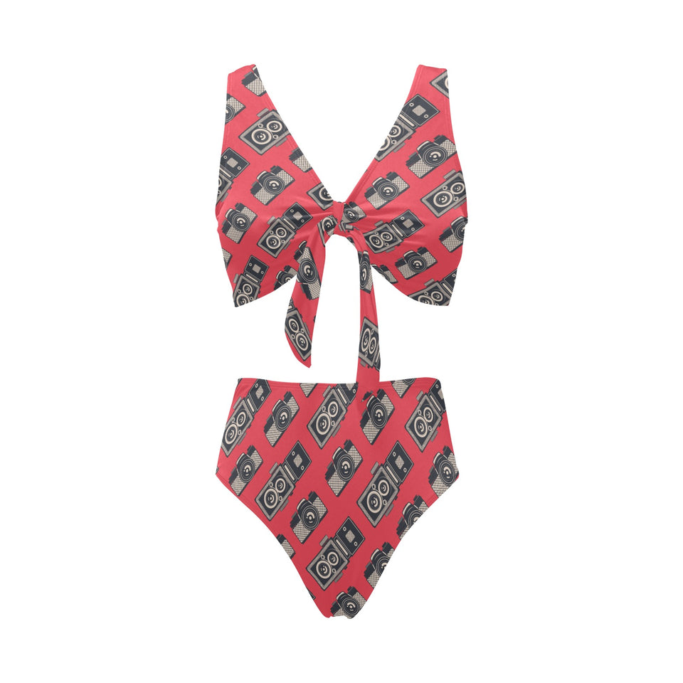 Camera Pattern Print Design 05 Chest Bowknot High Waisted Bikini Swimsuit