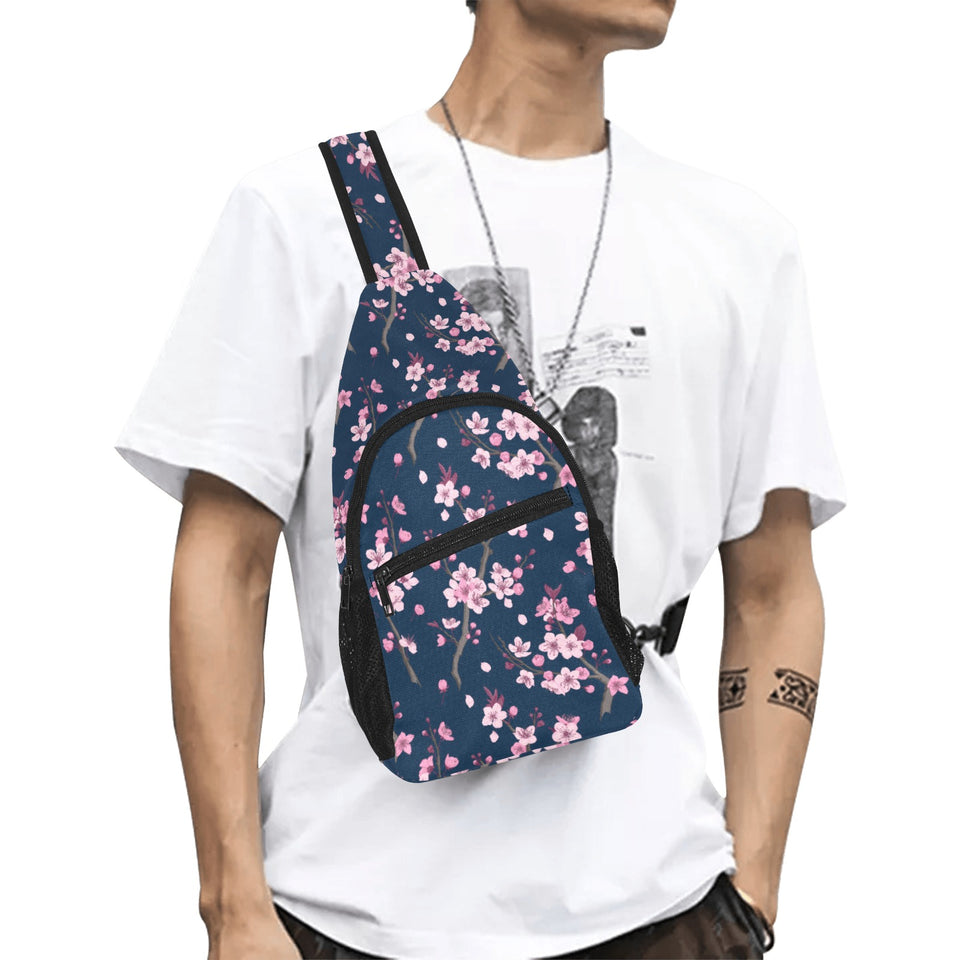 Pink sakura cherry blossom blue background All Over Print Chest Bag