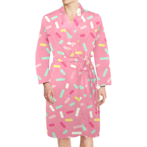 Pink donut glaze candy pattern Men's Long Sleeve Belted Night Robe