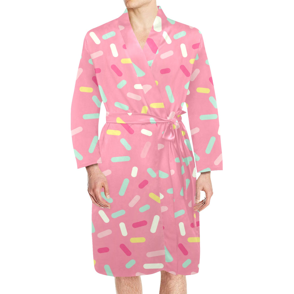 Pink donut glaze candy pattern Men's Long Sleeve Belted Night Robe