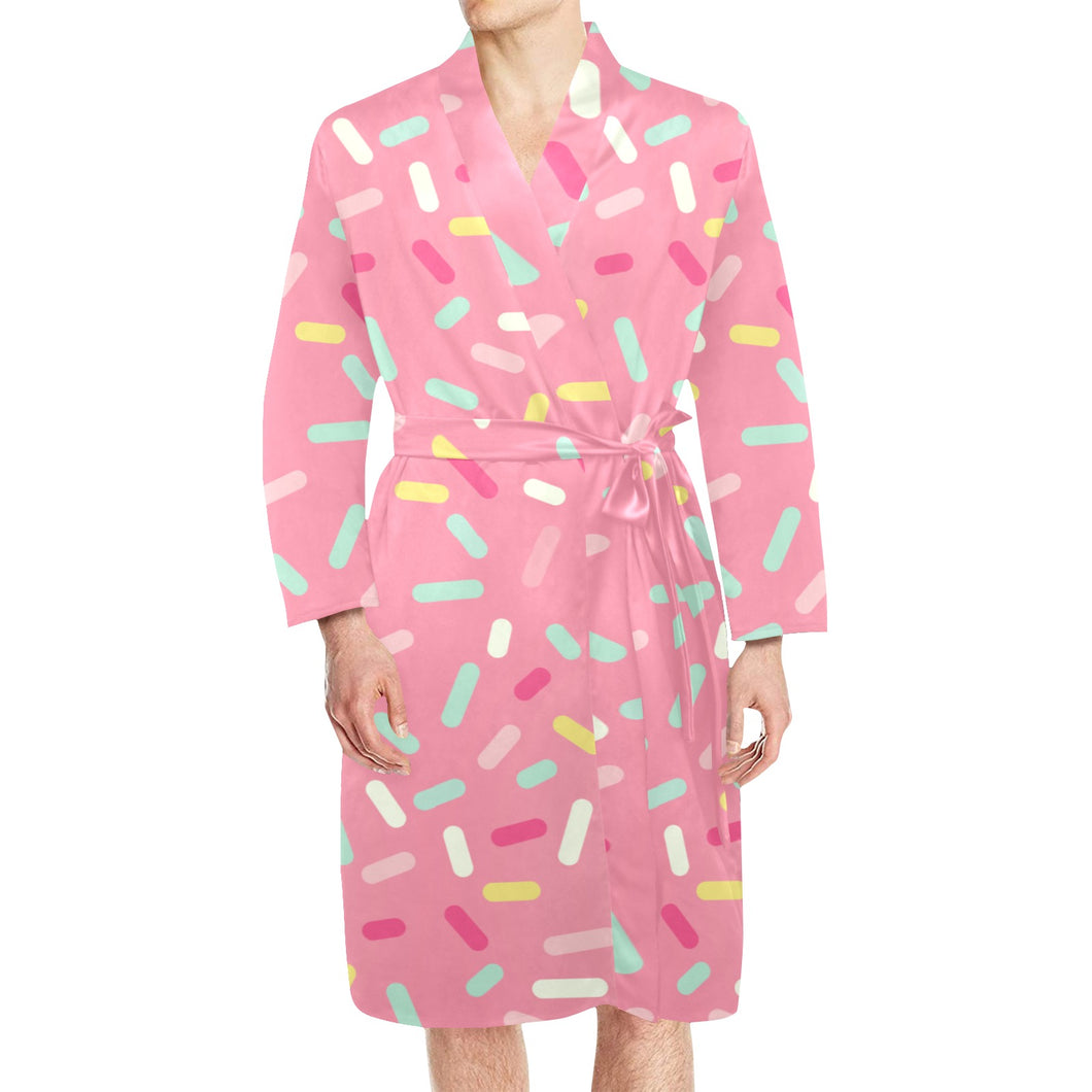 Pink donut glaze candy pattern Men's Long Sleeve Belted Night Robe
