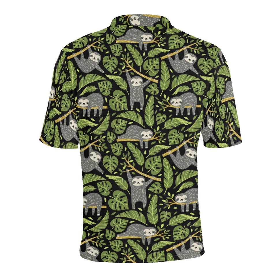 Cute sloths tropical palm leaves black background Men's All Over Print Polo Shirt