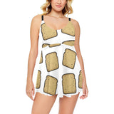 Bread Toast Pattern Print Design 03 Chest Sexy Pleated Two Piece Swim Dress