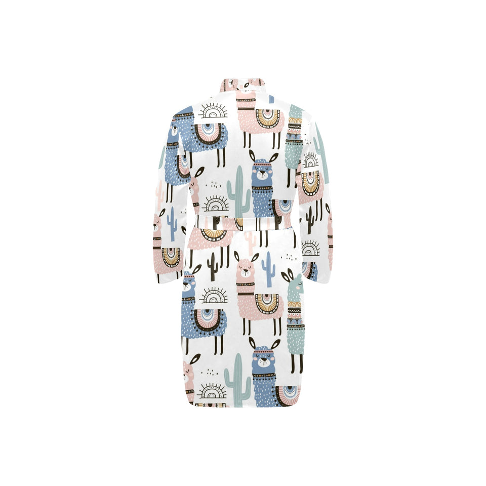 lama Alpaca cactus hand drawn pattern Men's Long Sleeve Belted Night Robe