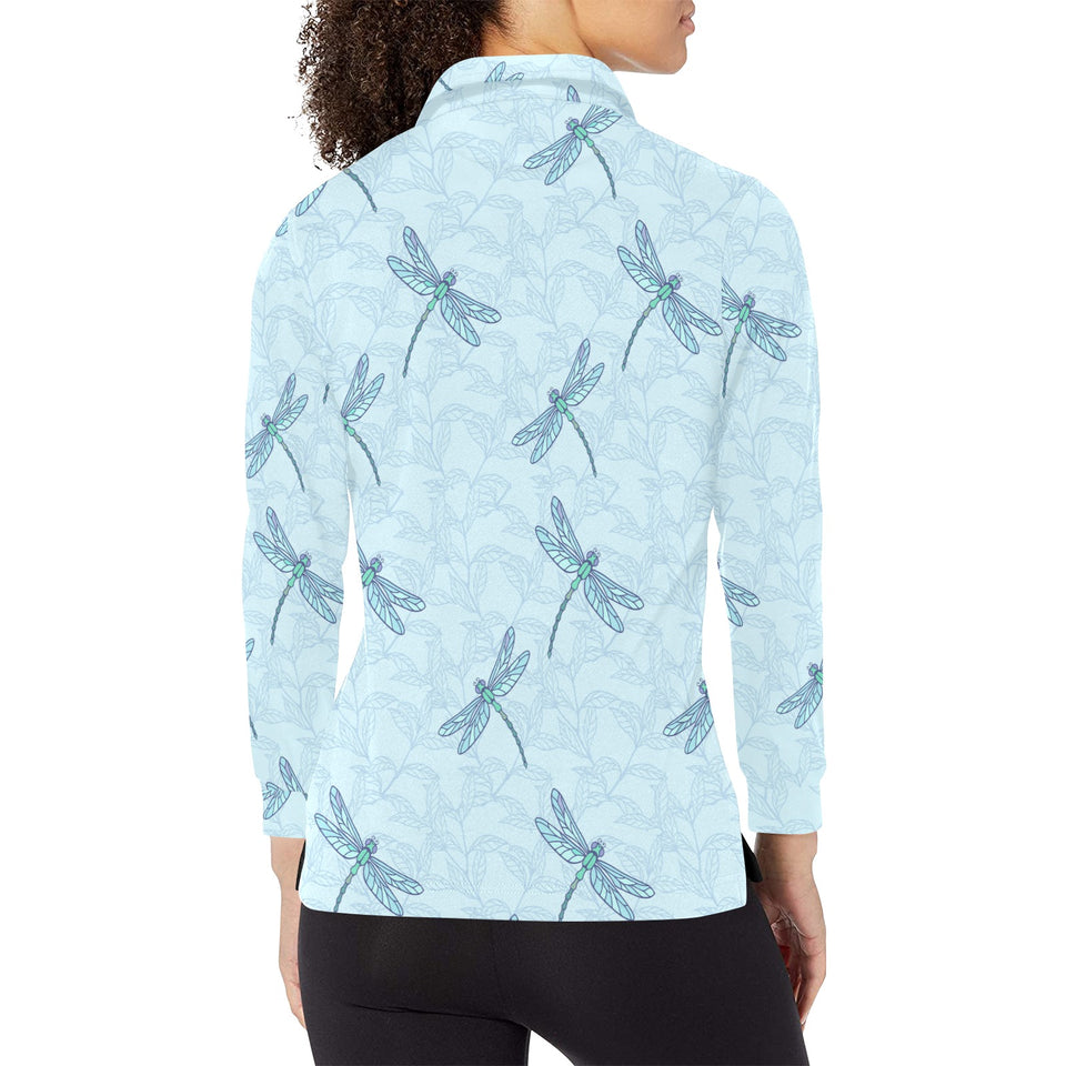 Dragonfly pattern blue background Women's Long Sleeve Polo Shirt