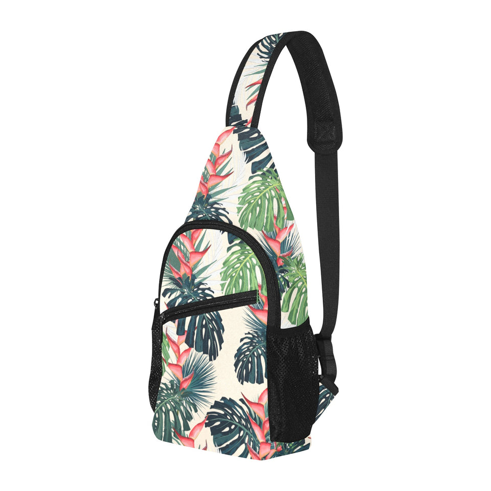 heliconia flowers, palm and monstera leaves All Over Print Chest Bag