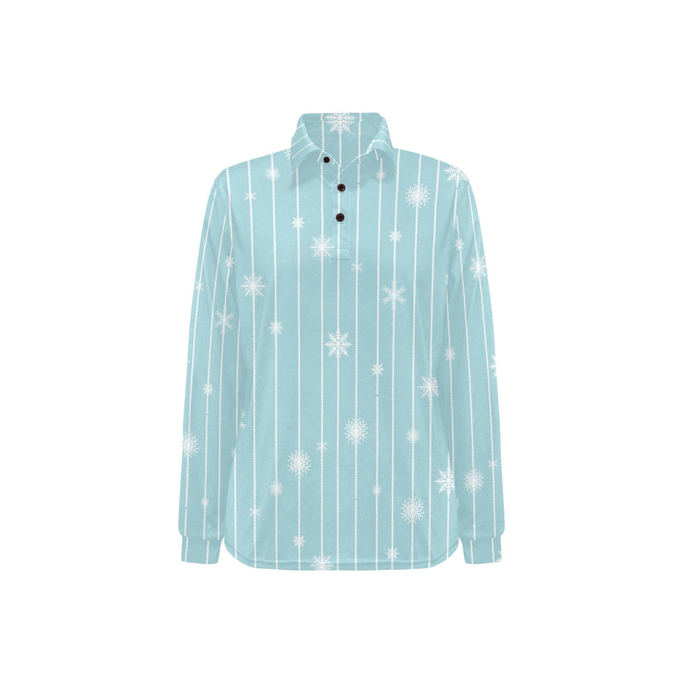 Snowflake pattern blue stripe background Women's Long Sleeve Polo Shirt