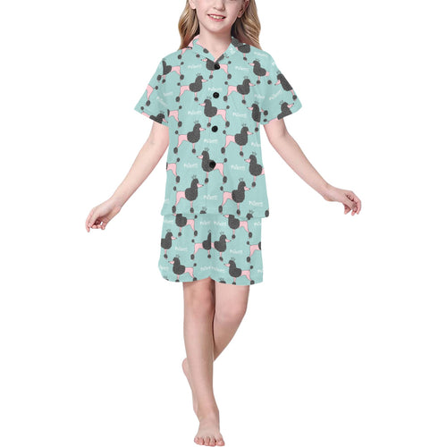 poodle dog green background Kids' Boys' Girls' V-Neck Short Pajama Set