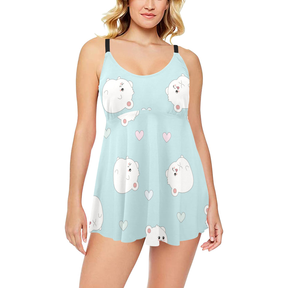 White cute hamsters heart pattern Chest Sexy Pleated Two Piece Swim Dress