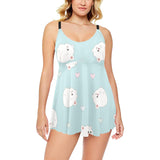 White cute hamsters heart pattern Chest Sexy Pleated Two Piece Swim Dress