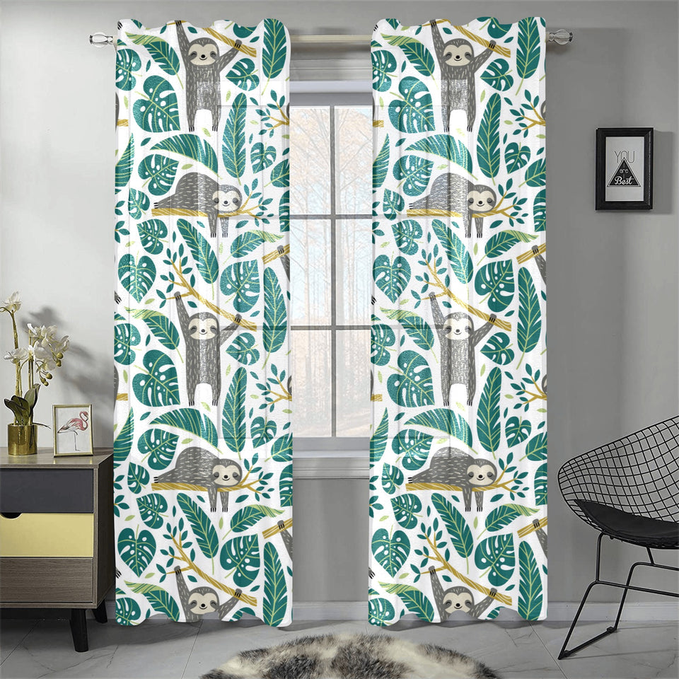 Cute sloths tropical palm leaves white background Gauze Curtain