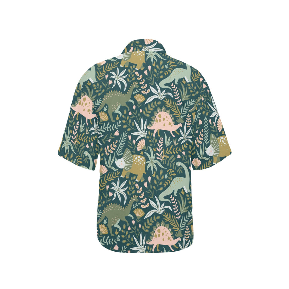 dinosaurs tropical leaves flower pattern Women's All Over Print Hawaiian Shirt