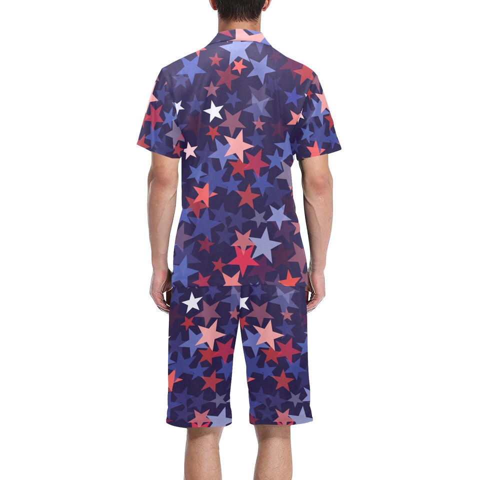 Red blue star pattern Men's V-Neck Short Pajama Set