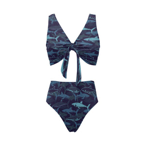 Shark pattern Chest Bowknot High Waisted Bikini Swimsuit