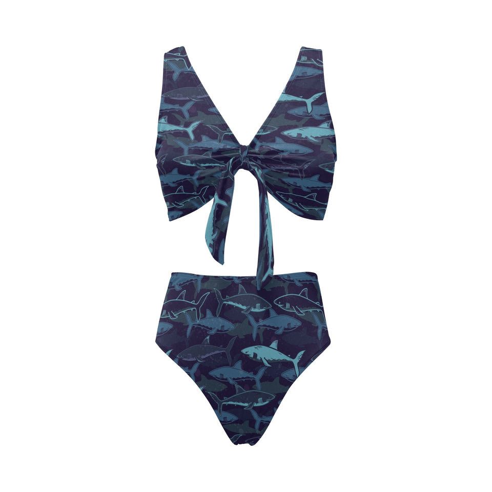 Shark pattern Chest Bowknot High Waisted Bikini Swimsuit