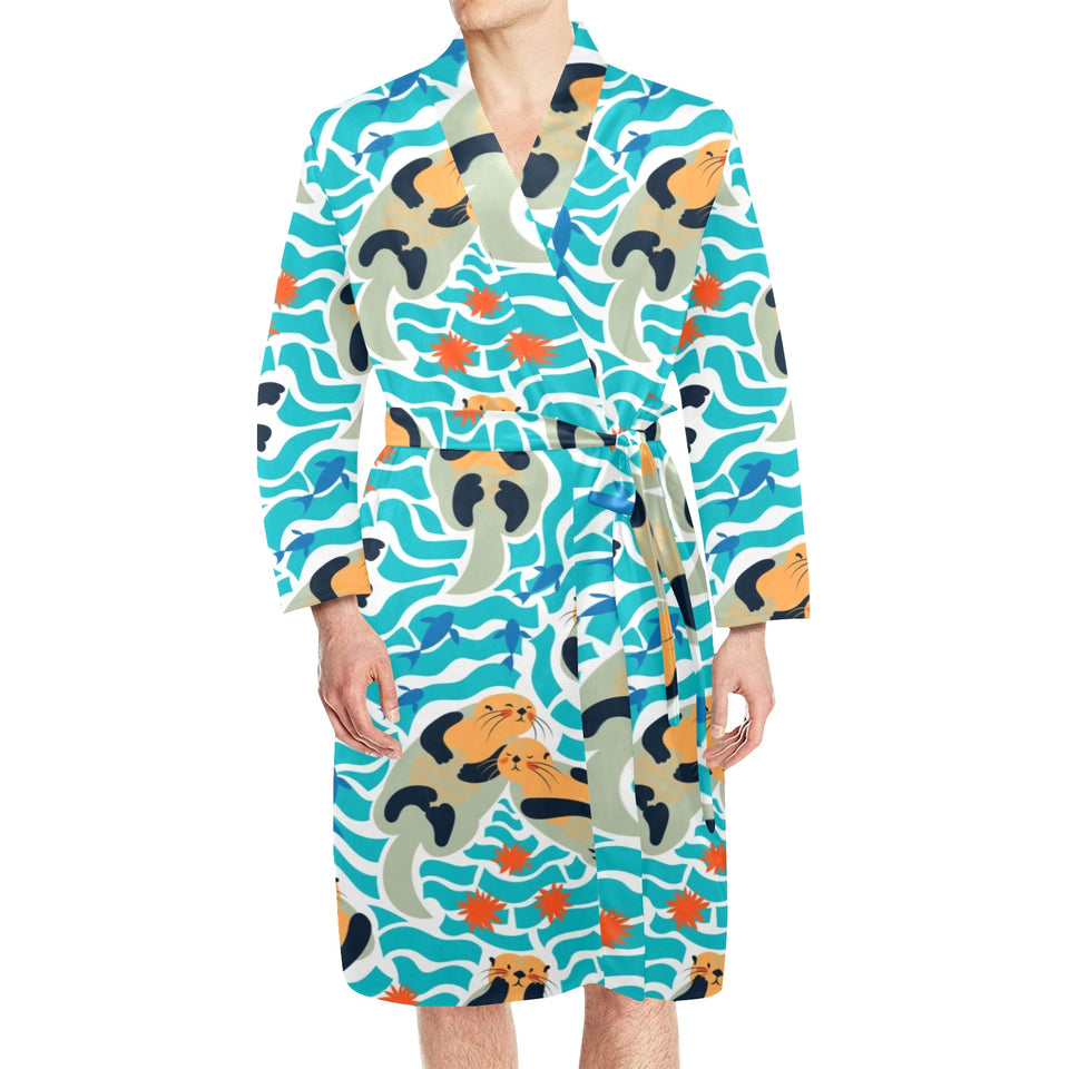 Cute sea otters fishe sea urchin pattern Men's Long Sleeve Belted Night Robe