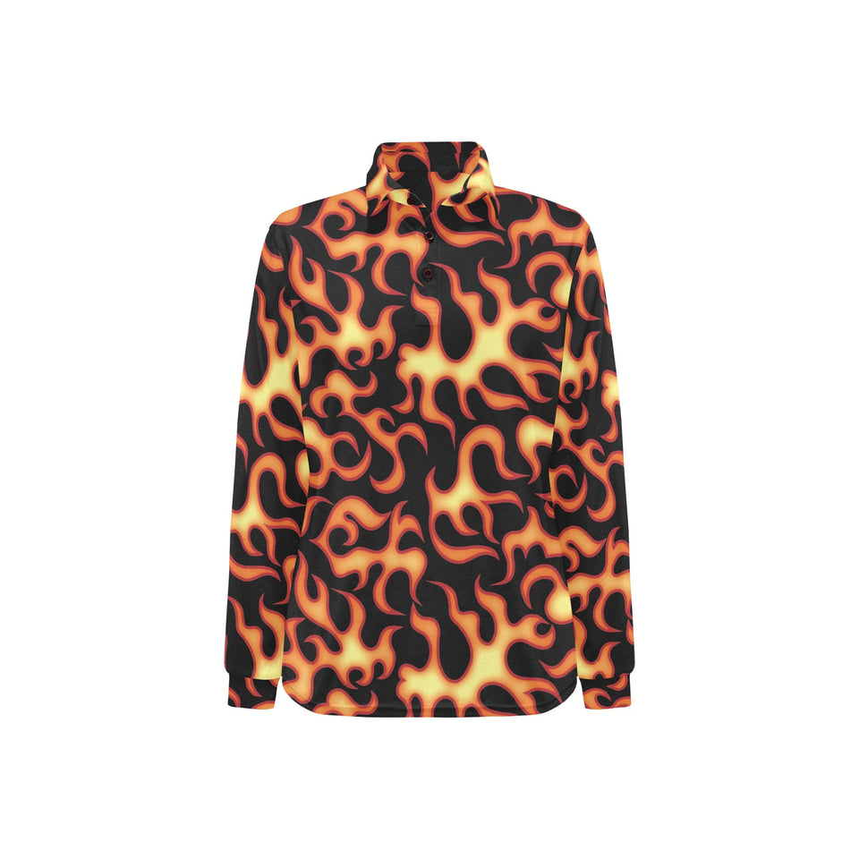 Fire flame dark pattern Women's Long Sleeve Polo Shirt